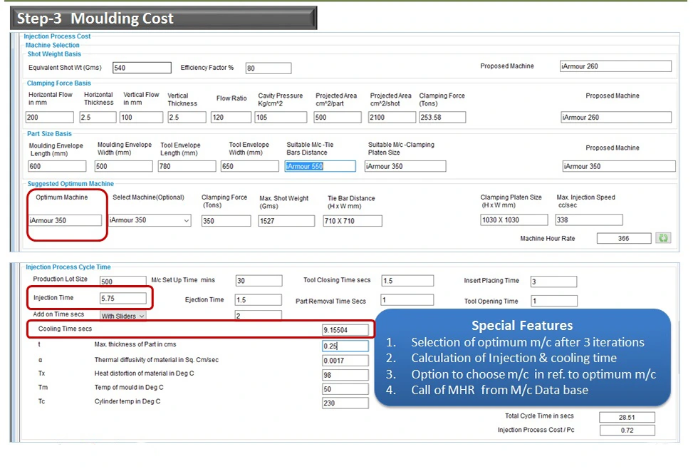 Moulding Cost Calculation in our should cost analysis software