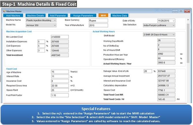 Machine Details and Fixed cost Calculations with our should cost analysis software